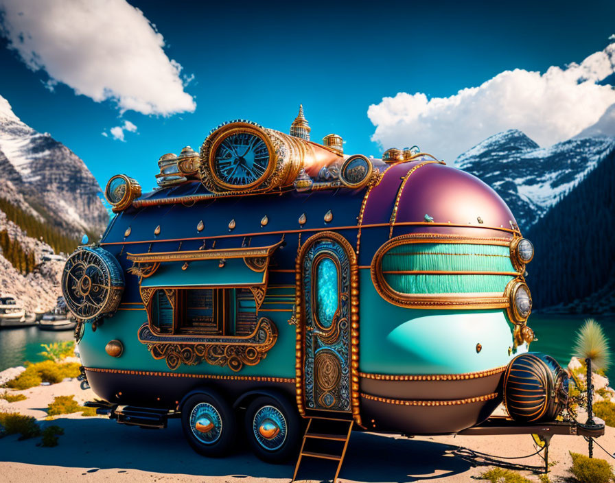 Steampunk-style caravan near blue lake and mountains