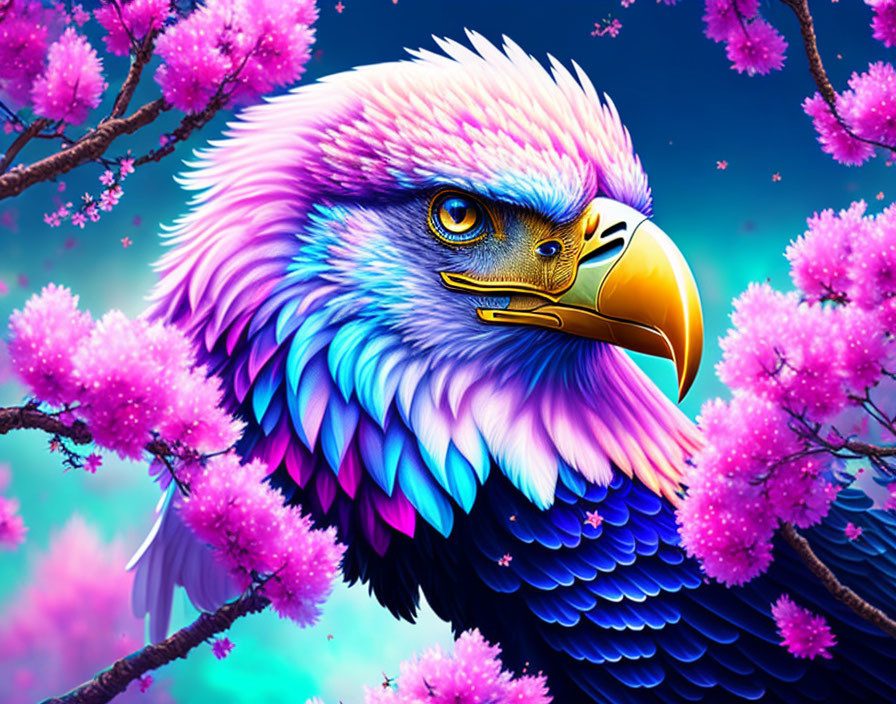 Colorful Eagle Illustration Among Pink Blossom Trees on Blue Background