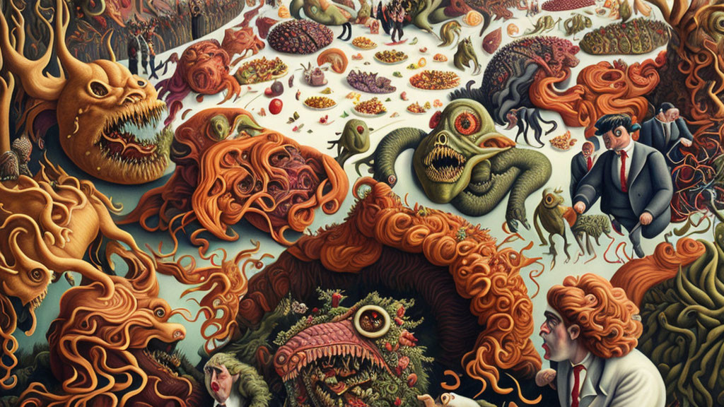 Colorful surreal artwork: monstrous creatures, vibrant flora, stylized humans in chaotic scenery