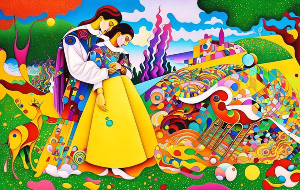 Colorful Artwork: Traditional Attire Figures Embracing in Abstract Landscape