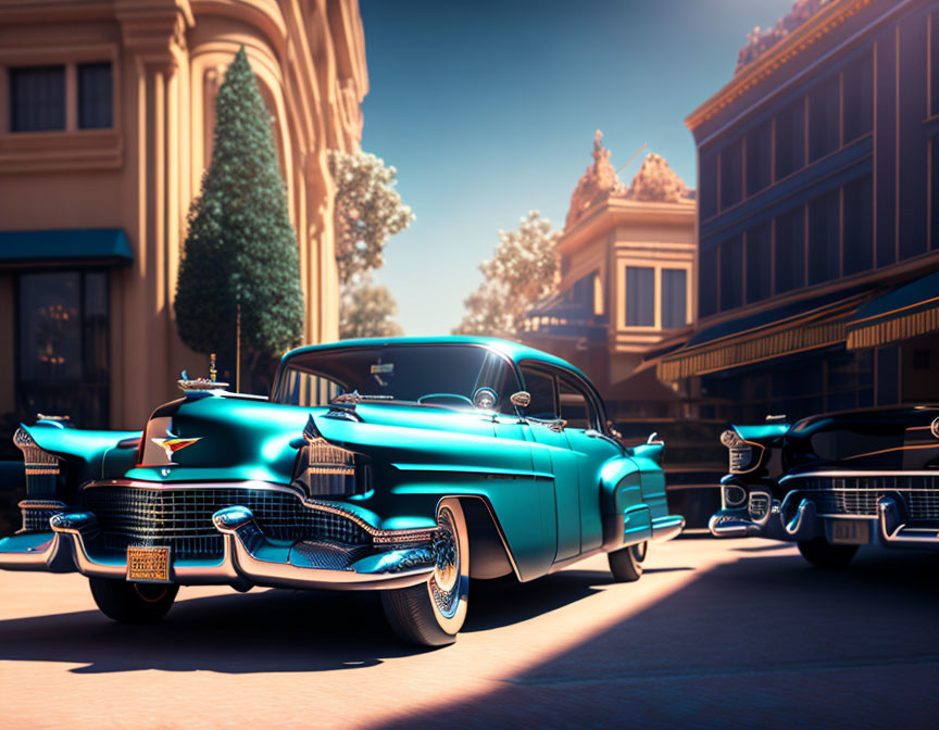 Classic Vintage Turquoise Cars on Sunny Street with Mid-Century Architecture