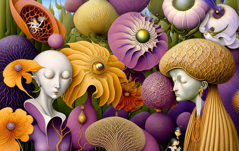 Vibrant surreal artwork: stylized faces, oversized flowers, intricate textures