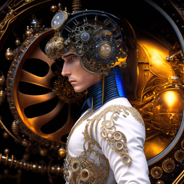 Steampunk-inspired person with mechanical headgear in 3D art.