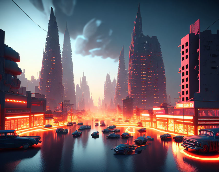 Futuristic twilight cityscape with neon lights, flying vehicles, and skyscrapers