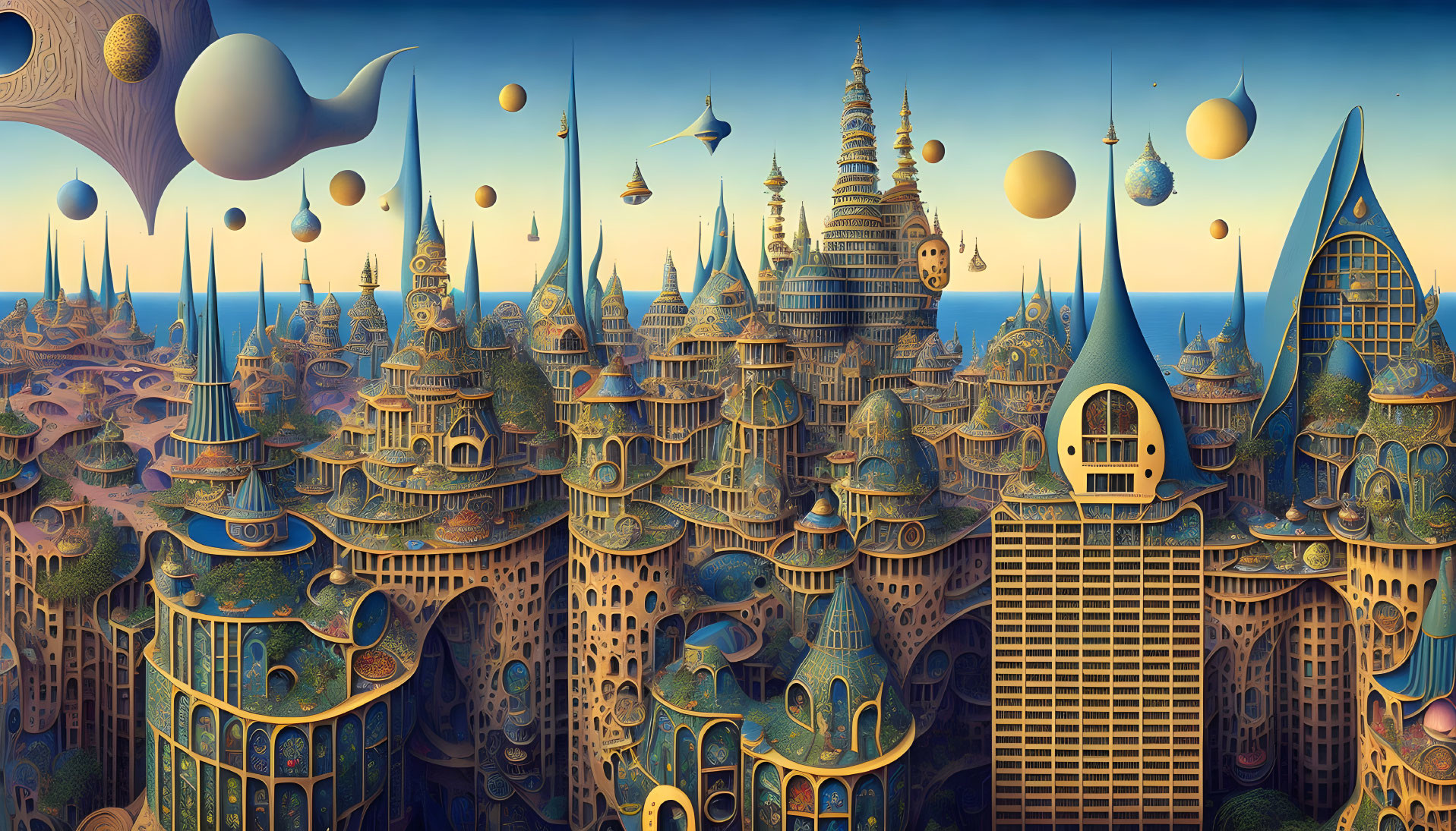 Surreal cityscape with floating orbs and whimsical structures