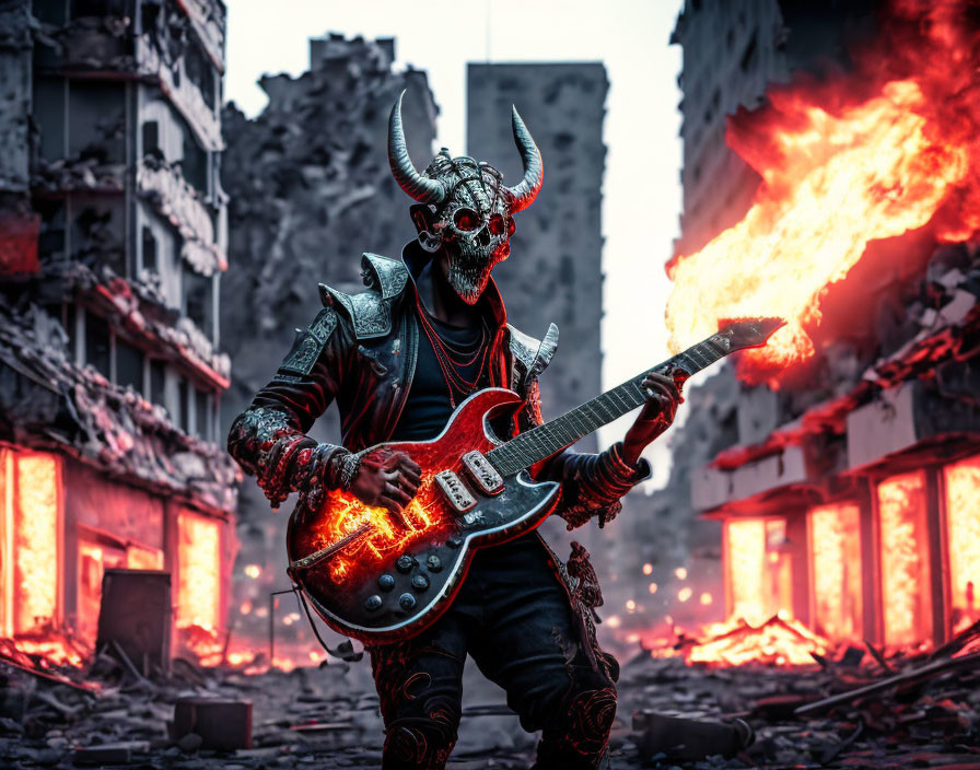 Demon-like figure playing glowing guitar in fiery urban landscape.