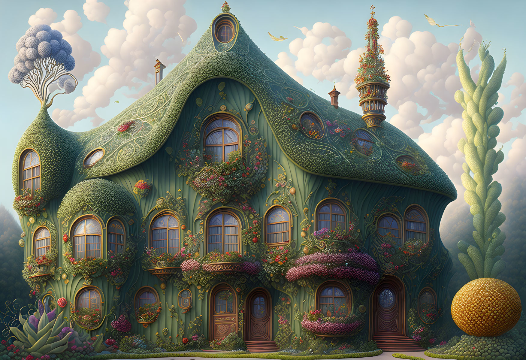 Intricate Fantasy House Surrounded by Whimsical Vegetation