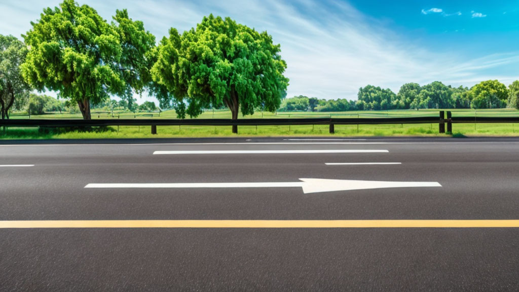 Road with Lane Markings and Arrows Surrounded by Lush Greenery