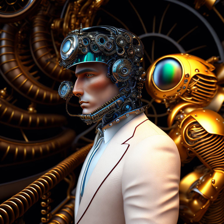 Steampunk-style robot with human-like face and intricate headgear.