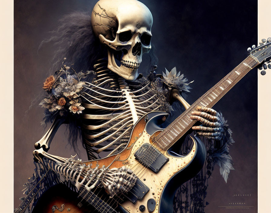 Skeletal figure with guitar and gothic elements on dark background