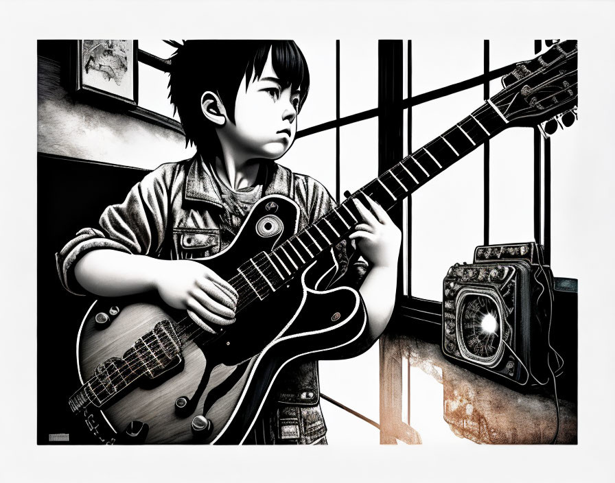 Monochrome illustration of determined child playing electric guitar next to vintage amplifier