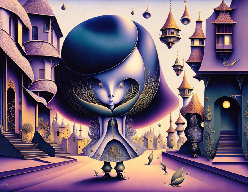 Surreal artwork: Stylized figure with tree-like face on purple street