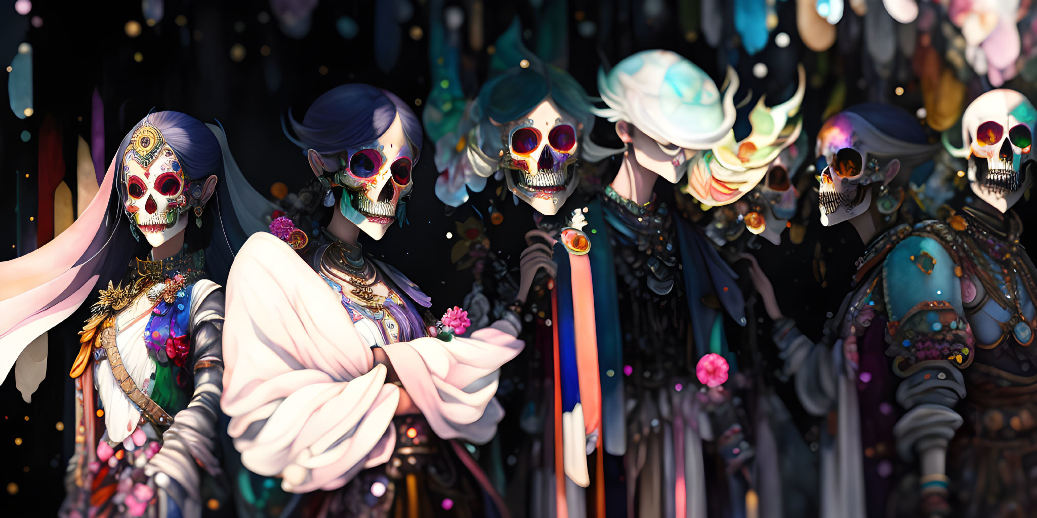 Stylized characters in skull makeup and elaborate costumes for Day of the Dead.