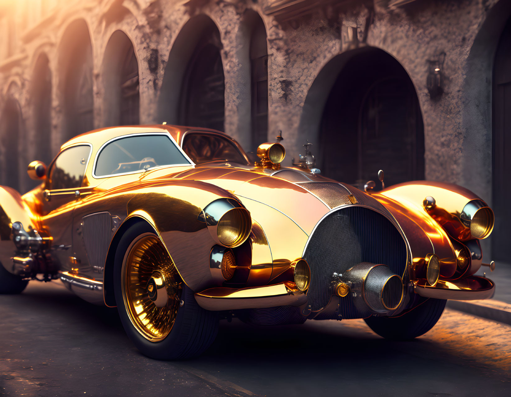 Vintage Golden Car with Retro-Futuristic Design on Cobblestone Street