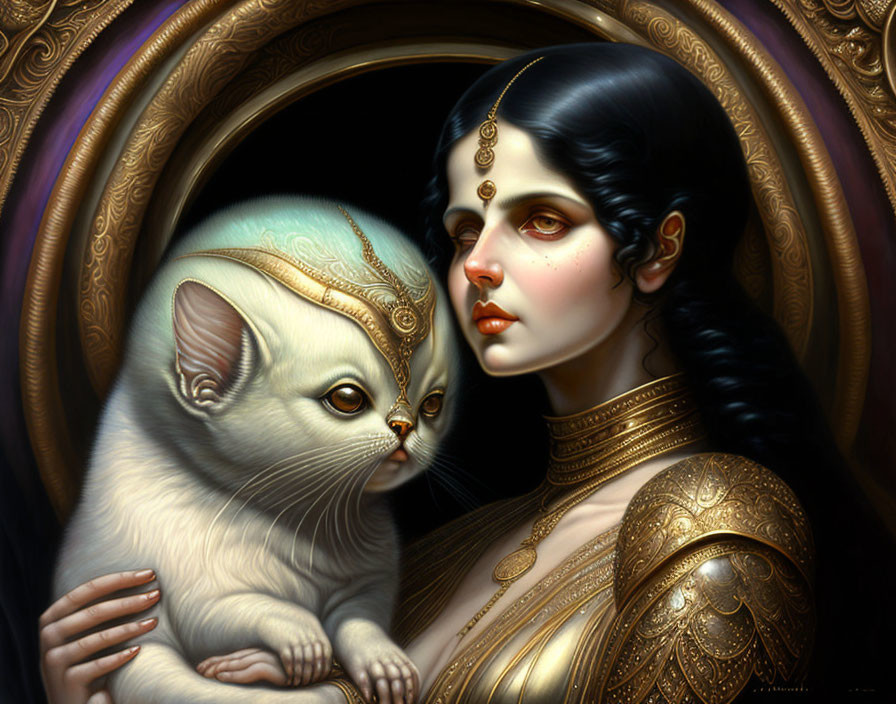 Dark-haired woman in golden armor with ornate cat in fantastical scene