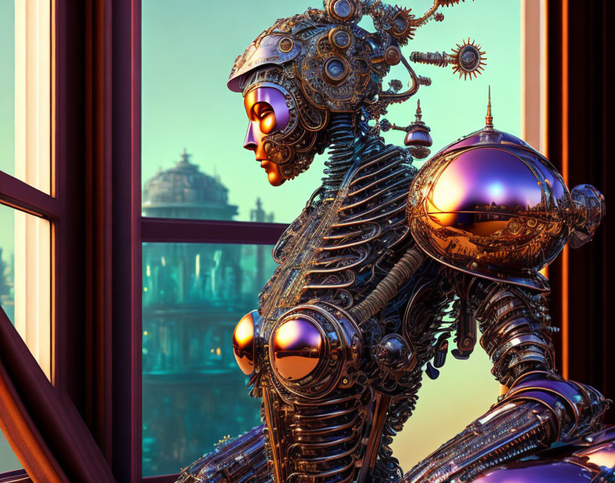 Steampunk-style robot with intricate gears observing futuristic cityscape at sunset