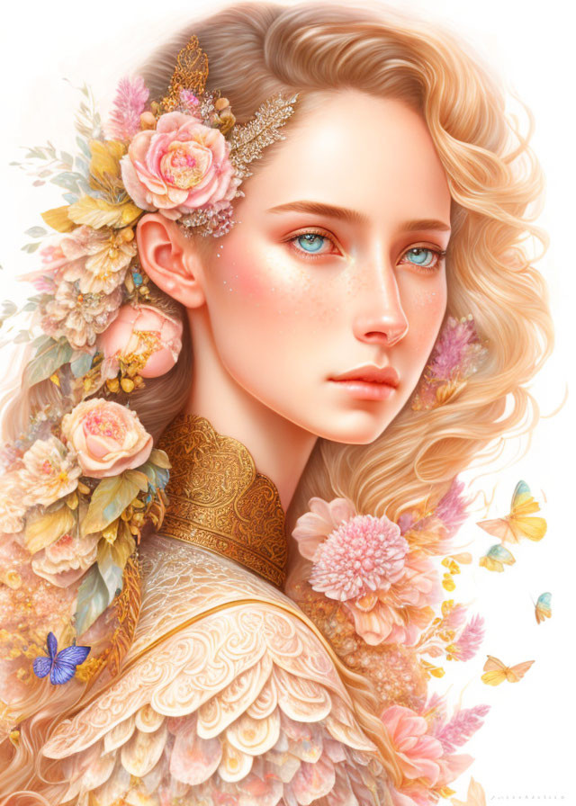 Blonde Curly-Haired Woman with Floral and Butterfly Accents