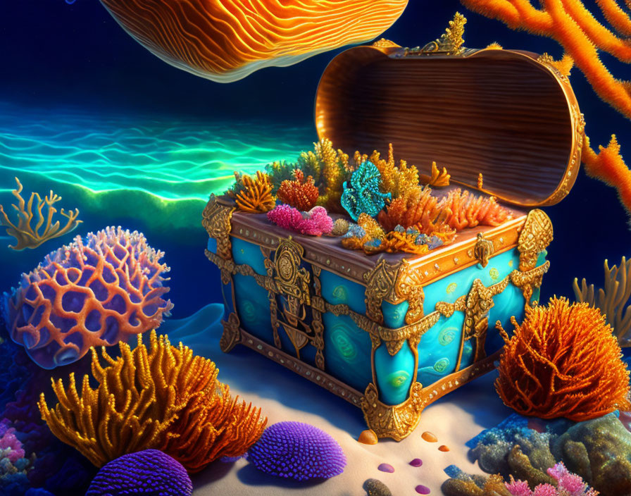 Colorful coral-filled treasure chest among vibrant marine life