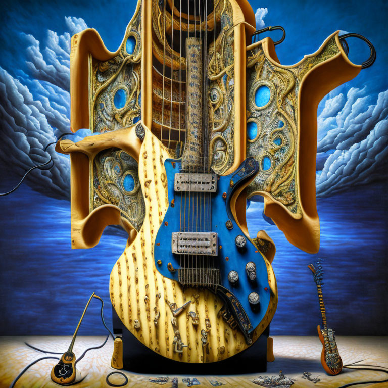 Surreal dissected electric guitar against blue sky with guitar-themed objects