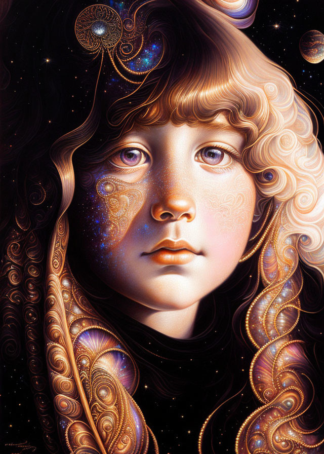 Digitally-illustrated portrait of child with cosmic elements