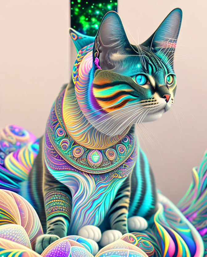 Psychedelic Cat Artwork with Cosmic Patterns