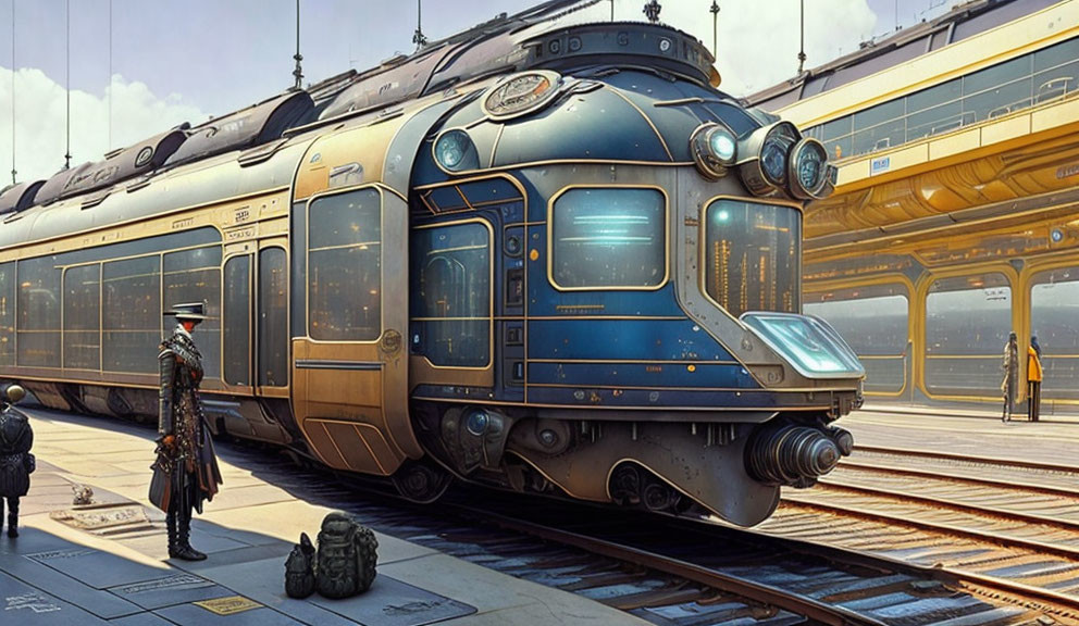 Futuristic blue train at platform with passengers and conductor