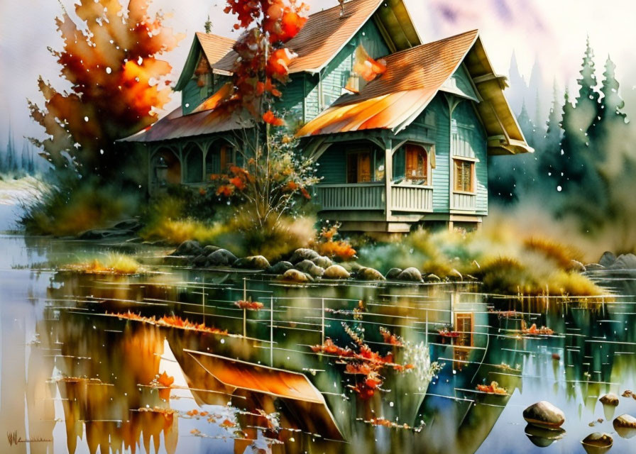 Tranquil lakeside cabin painting in autumn landscape