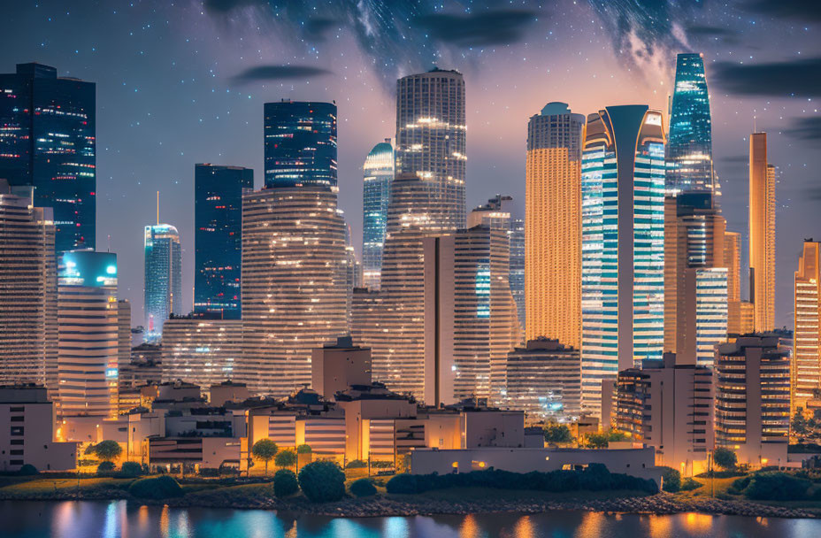 Urban skyline with illuminated skyscrapers, starry night sky, and water reflections.