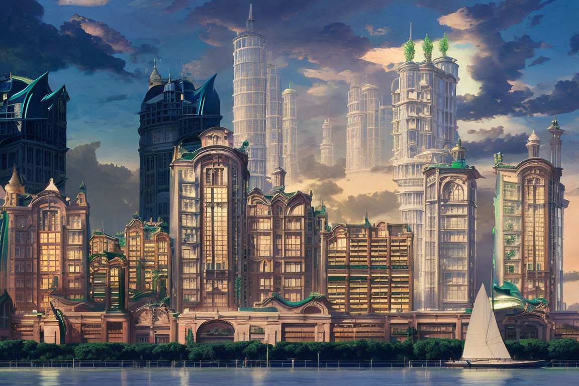 Ornate skyscrapers in futuristic cityscape by calm river