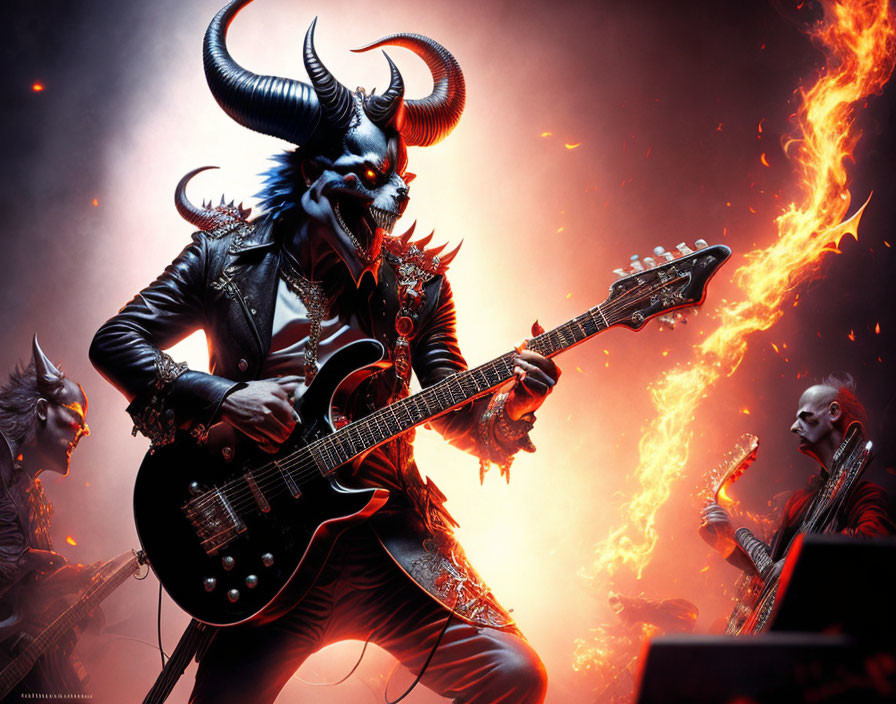 Demonic figures playing guitar, bass, and singing in fiery setting