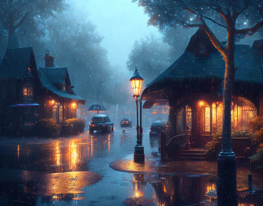 Traditional houses on rainy street at night with glowing lamps and car headlights.