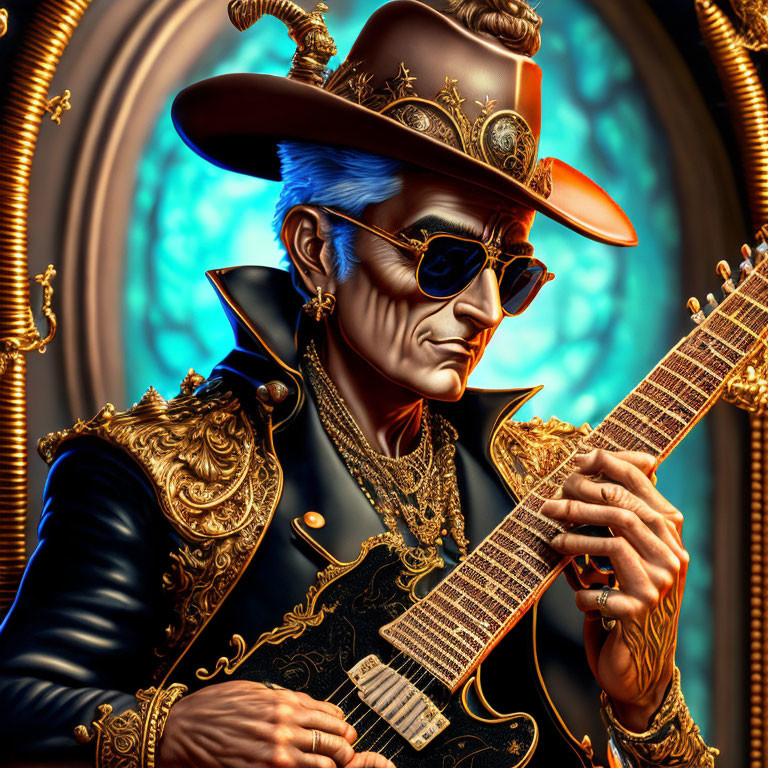 Elderly Male Steampunk Character Playing Guitar