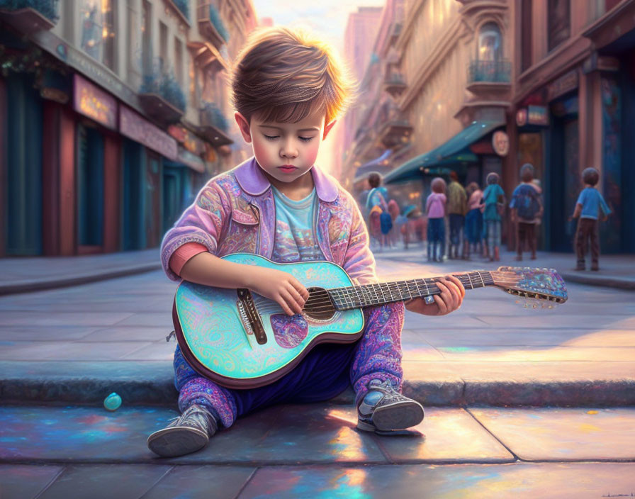 Child playing turquoise guitar on city street with passersby in soft sunlight