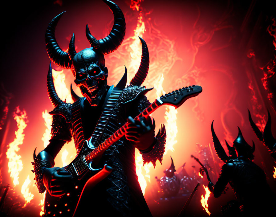 Sinister demon playing guitar surrounded by flames and silhouettes.