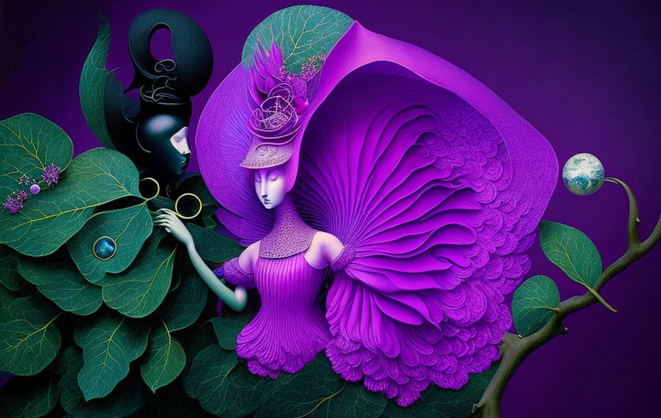 Whimsical artwork of two female figures in purple floral motif