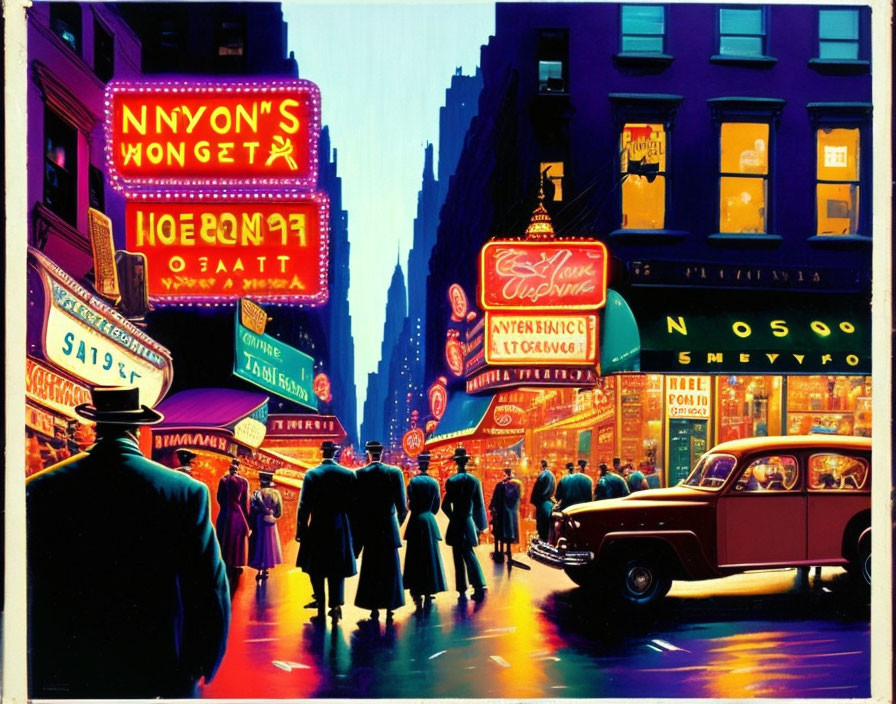 Colorful city street painting with neon signs, pedestrians, and vintage cars at night