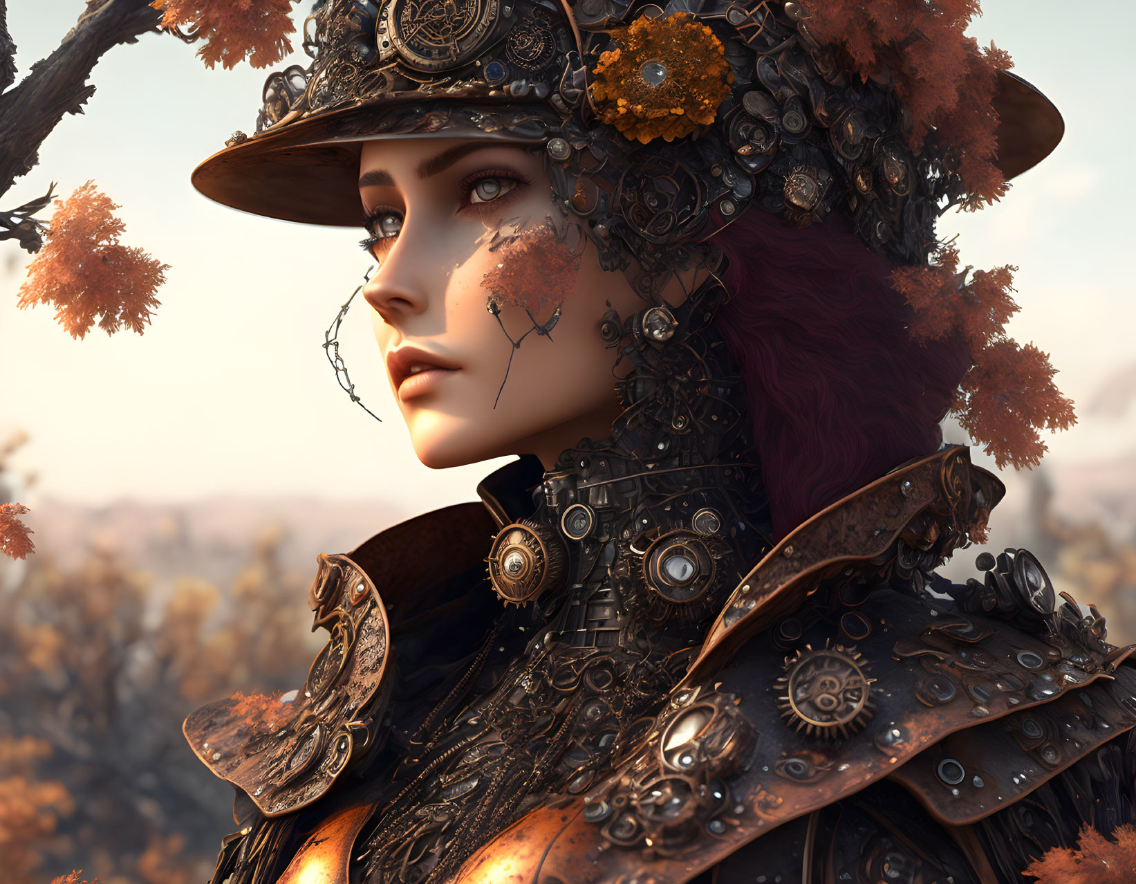 Woman in metallic armor with gears and flowers in autumn setting