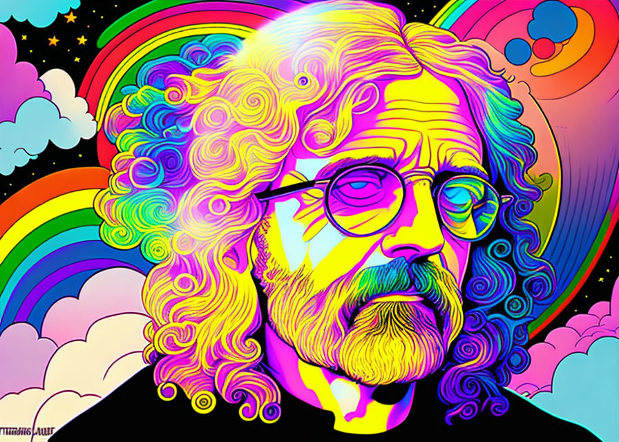 Vibrant psychedelic illustration: Bearded man with curly hair and round glasses, rainbow background.