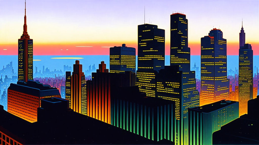 City skyline with illuminated skyscrapers against gradient sunset sky