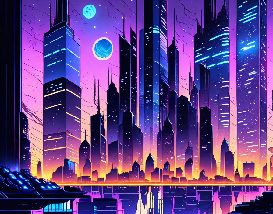 Futuristic cyberpunk cityscape with neon lights and two moons