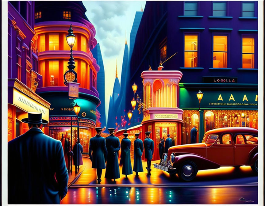 Vibrant city street at twilight with vintage cars and well-dressed people outside neon-lit shops