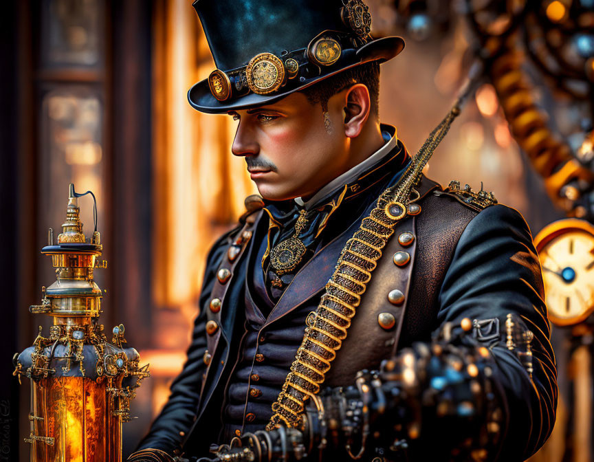 Man in Steampunk Outfit with Top Hat, Goggles, and Vintage Clocks