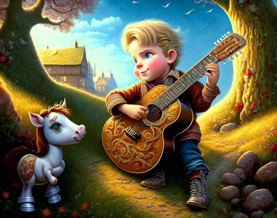 Child with golden hair plays guitar outdoors with small horse in fairytale landscape