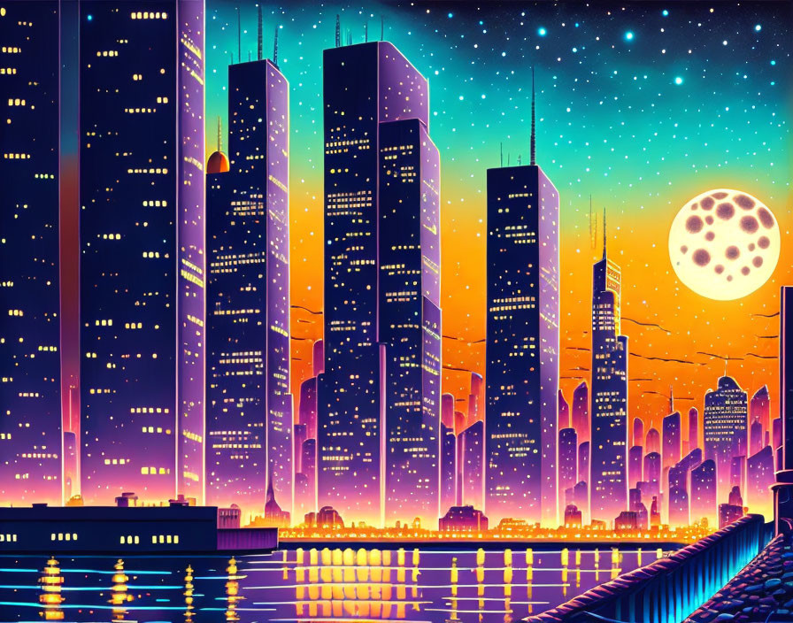 Colorful Night Cityscape with Skyscrapers, Moon, and Water Reflection