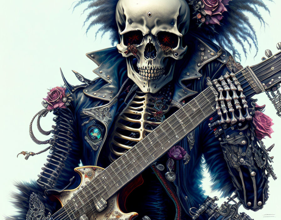 Detailed skeletal figure with skull head and spiked jacket playing electric guitar