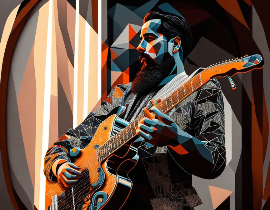 Stylized graphic illustration of bearded man playing electric guitar