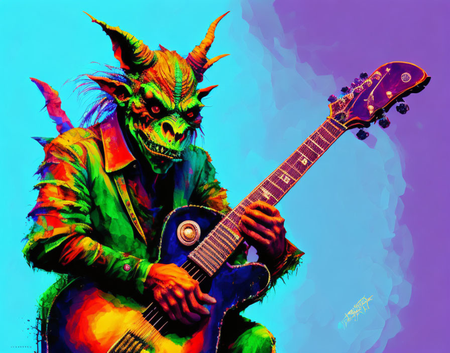 Vibrant illustration: green goblin creature playing electric guitar