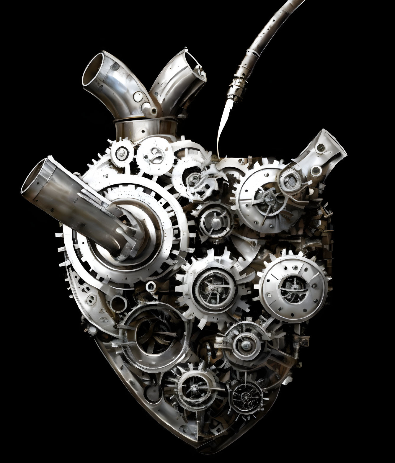 Metallic Human Heart Sculpture with Gears and Cogs on Black Background