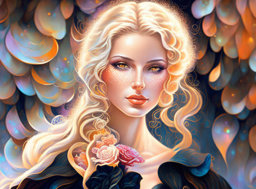 Fantastical portrait of a woman with wavy blonde hair and sparkling freckles holding a pink