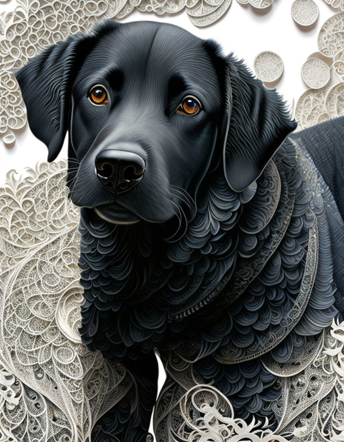 Detailed illustration of black dog with expressive eyes on lace-like background